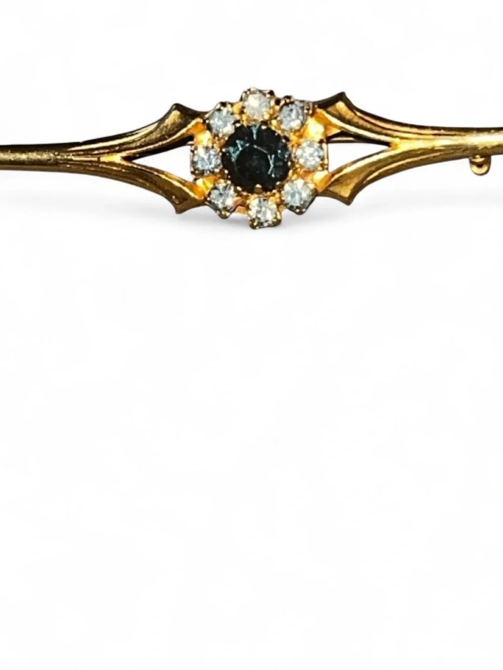 Vintage Gold Tone Bar Brooch with Dark Blue Center and Clear Accents